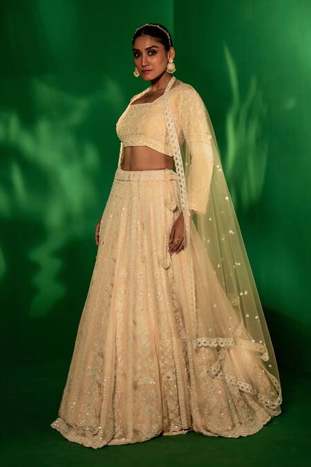 Bandhani_Beige Silk Pearls, Sequins, Beads Square Neck Embroidered Lehenga Set _at_Aza_Fashions