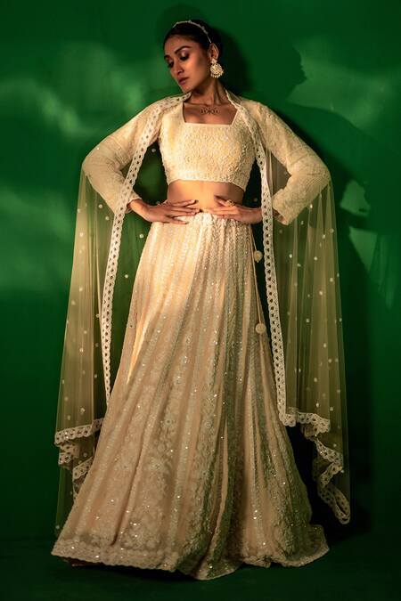 Buy_Bandhani_Beige Silk Pearls, Sequins, Beads Square Neck Embroidered Lehenga Set 