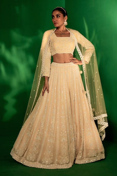 Shop_Bandhani_Beige Silk Pearls, Sequins, Beads Square Neck Embroidered Lehenga Set _at_Aza_Fashions