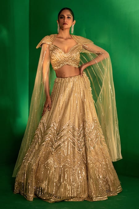 Bandhani Gold Vertical Stripe Embroidered Lehenga With Blouse 