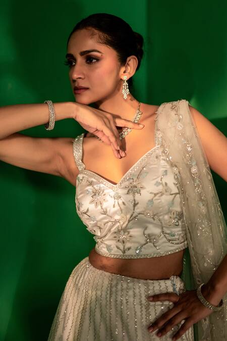 Shop Bandhani Blue Tulle Beads, Sequins, Cut Work, Embroidery Ice Floral Lehenga Set Online at Aza Fashions Shop_Bandhani_Blue Tulle Beads, Sequins, Cut Work, Embroidery Ice Floral Lehenga Set _Online_at_Aza_Fashions