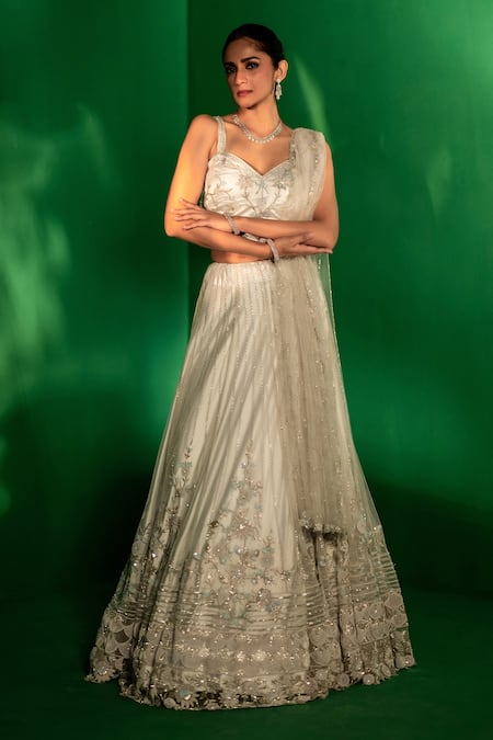 Bandhani Blue Tulle Beads, Sequins, Cut Work, Embroidery Ice Floral Lehenga Set at Aza Fashions Bandhani_Blue Tulle Beads, Sequins, Cut Work, Embroidery Ice Floral Lehenga Set _at_Aza_Fashions