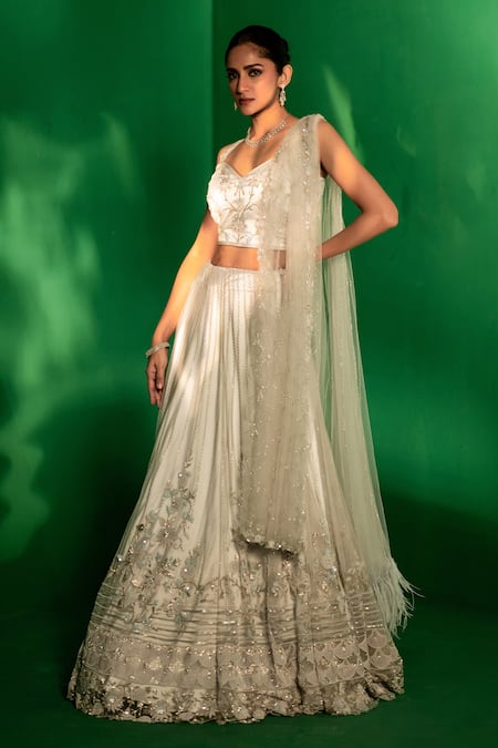 Buy Bandhani Blue Tulle Beads, Sequins, Cut Work, Embroidery Ice Floral Lehenga Set Buy_Bandhani_Blue Tulle Beads, Sequins, Cut Work, Embroidery Ice Floral Lehenga Set