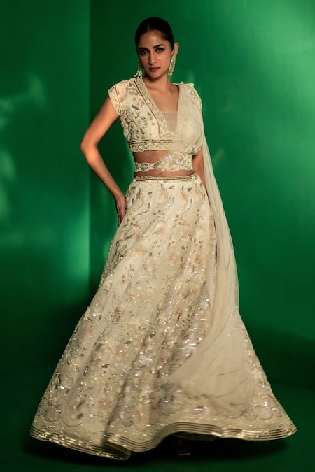 Buy Bandhani White Organza Sequins, Beads, Cut Work, Embroidery V-neck Floral Lehenga Set Online at Aza Fashions Buy_Bandhani_White Organza Sequins, Beads, Cut Work, Embroidery V-neck Floral Lehenga Set _Online_at_Aza_Fashions
