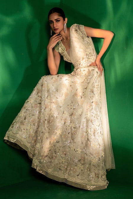 Buy Bandhani White Organza Sequins, Beads, Cut Work, Embroidery V-neck Floral Lehenga Set Buy_Bandhani_White Organza Sequins, Beads, Cut Work, Embroidery V-neck Floral Lehenga Set