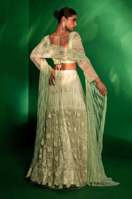 Bandhani Floral Embroidered Sea Green Lehenga Set 