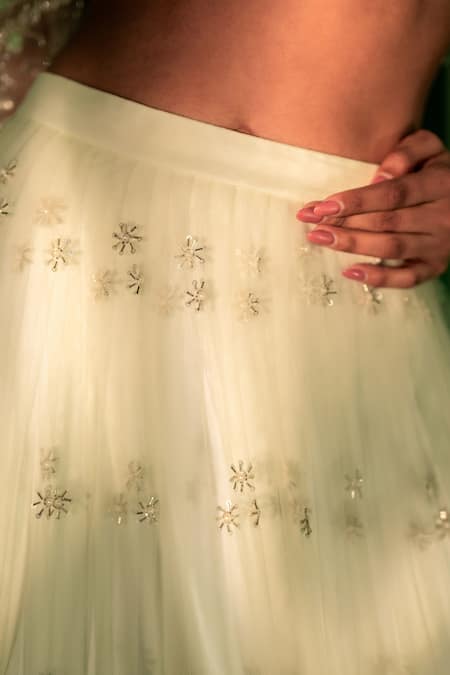 Shop_Bandhani_Green Tulle Cut Work, Sequins, Beads, Floral Embroidered Sea Lehenga Set _Online_at_Aza_Fashions