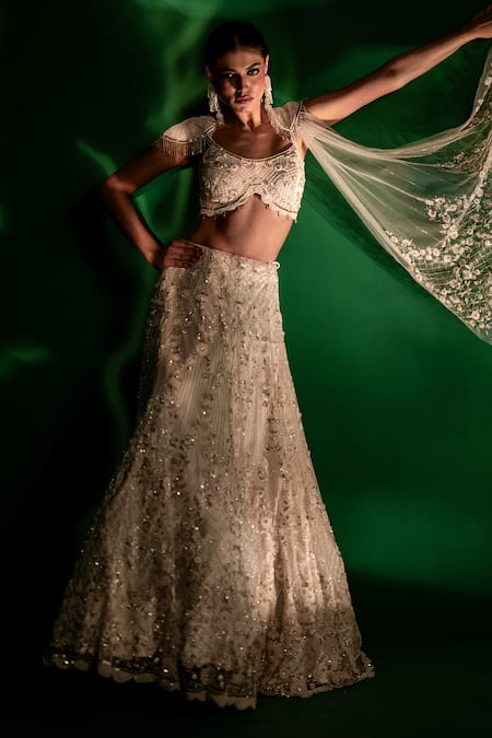 Bandhani_Pink Tulle Sequins, Beads, Cut Work, Embroidered Floral Cutdana Lehenga Set _Online_at_Aza_Fashions