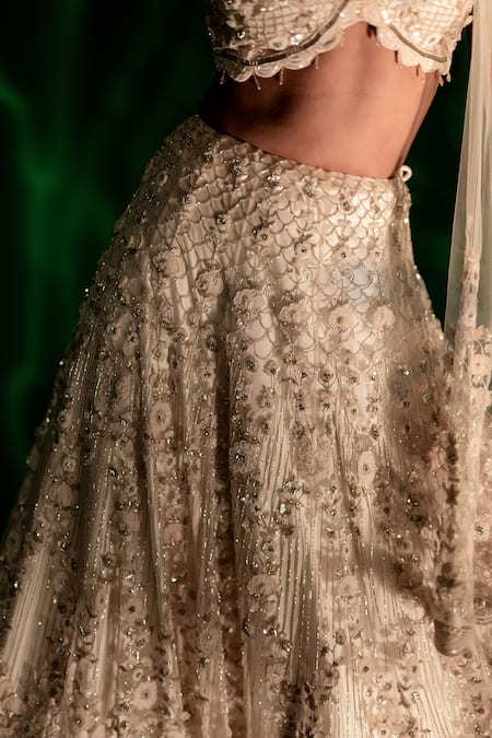 Bandhani_Pink Tulle Sequins, Beads, Cut Work, Embroidered Floral Cutdana Lehenga Set _at_Aza_Fashions