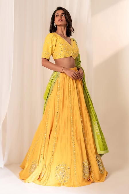 Bandhani_Yellow Silk Mirrors, Embroidery V-neck Floral Lehenga Set _Online_at_Aza_Fashions