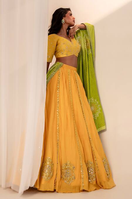 Buy_Bandhani_Yellow Silk Mirrors, Embroidery V-neck Floral Lehenga Set 