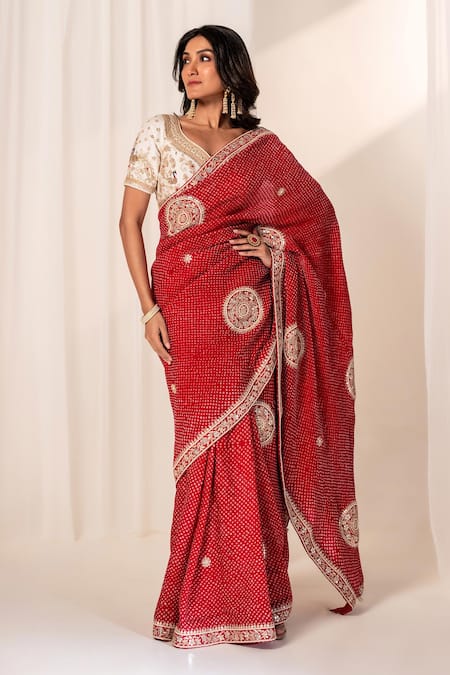 Bandhani_Maroon Silk Gota Patti, Embroidery Bandhani Saree With Blouse _Online_at_Aza_Fashions