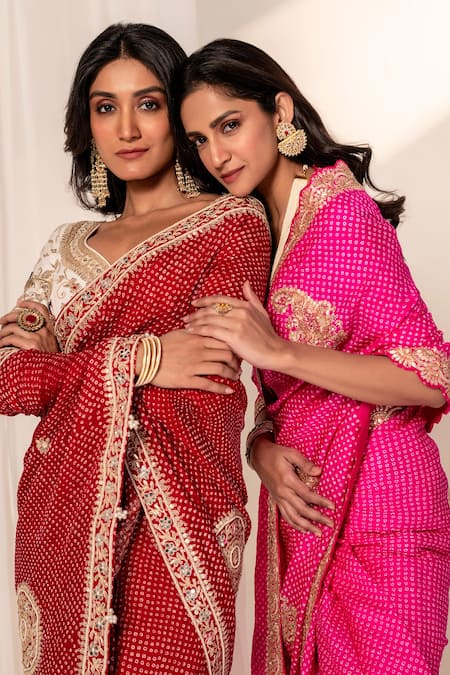 Buy_Bandhani_Maroon Silk Gota Patti, Embroidery Bandhani Saree With Blouse _Online_at_Aza_Fashions