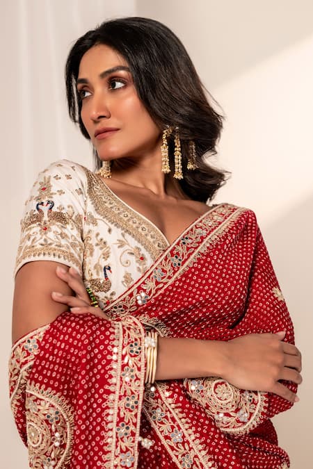 Shop_Bandhani_Maroon Silk Gota Patti, Embroidery Bandhani Saree With Blouse _Online_at_Aza_Fashions