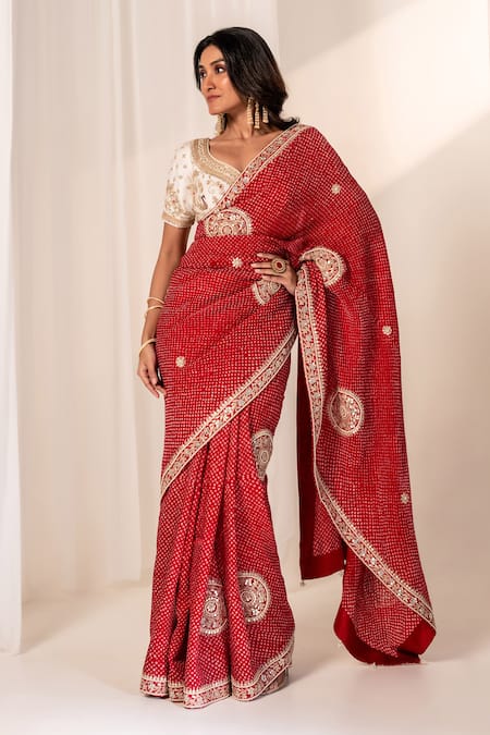 Bandhani_Maroon Silk Gota Patti, Embroidery Bandhani Saree With Blouse _at_Aza_Fashions
