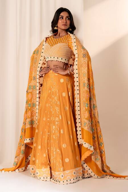 Buy_Bandhani_Yellow Silk, Tissue, Georgette Pearls, Stones, Embroidered Banarasi Lehenga Set _Online_at_Aza_Fashions