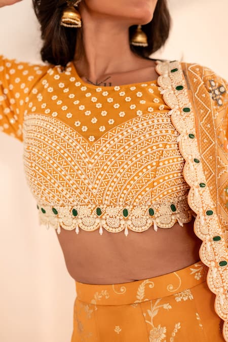 Bandhani_Yellow Silk, Tissue, Georgette Pearls, Stones, Embroidered Banarasi Lehenga Set _at_Aza_Fashions