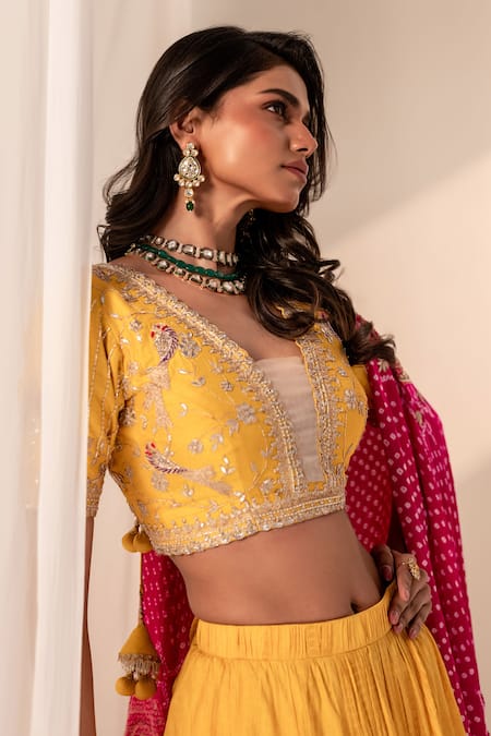 Buy_Bandhani_Yellow Silk Gota Patti, Embroidery V-neck Floral Lehenga Set _Online_at_Aza_Fashions