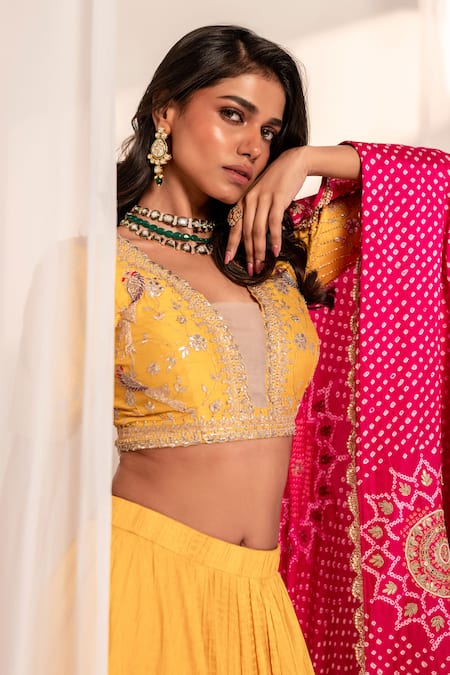 Bandhani_Yellow Silk Gota Patti, Embroidery V-neck Floral Lehenga Set _at_Aza_Fashions