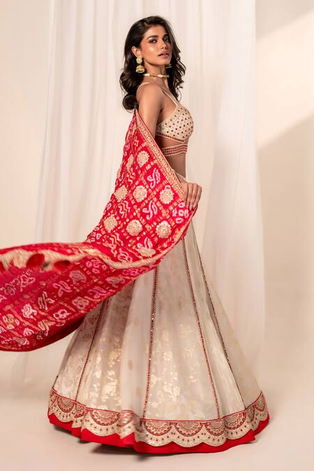 Bandhani Ivory Silk, Georgette Embroidery, Gota Patti Sweetheart Floral Lehenga Set Online at Aza Fashions Bandhani_Ivory Silk, Georgette Embroidery, Gota Patti Sweetheart Floral Lehenga Set _Online_at_Aza_Fashions