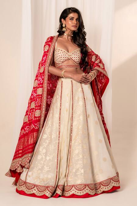 Bandhani Ivory Silk, Georgette Embroidery, Gota Patti Sweetheart Floral Lehenga Set at Aza Fashions Bandhani_Ivory Silk, Georgette Embroidery, Gota Patti Sweetheart Floral Lehenga Set _at_Aza_Fashions
