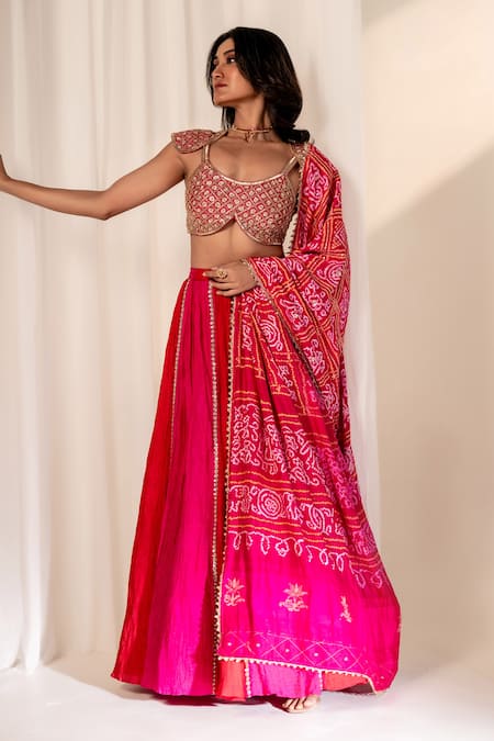 Bandhani Floral Embroidered Pink Lehenga Set 
