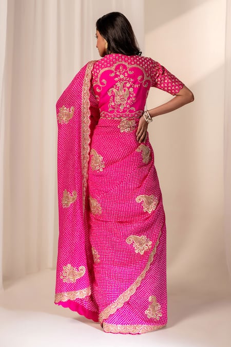 Bandhani Gota Embroidered Pink Bandhani Saree Set 