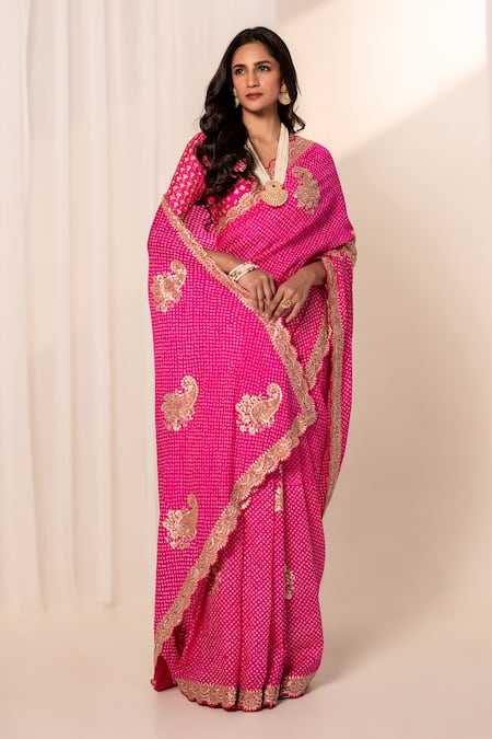Bandhani_Cream Silk Gota Patti, Embroidery Open Neck Pink Bandhani Saree Set _at_Aza_Fashions