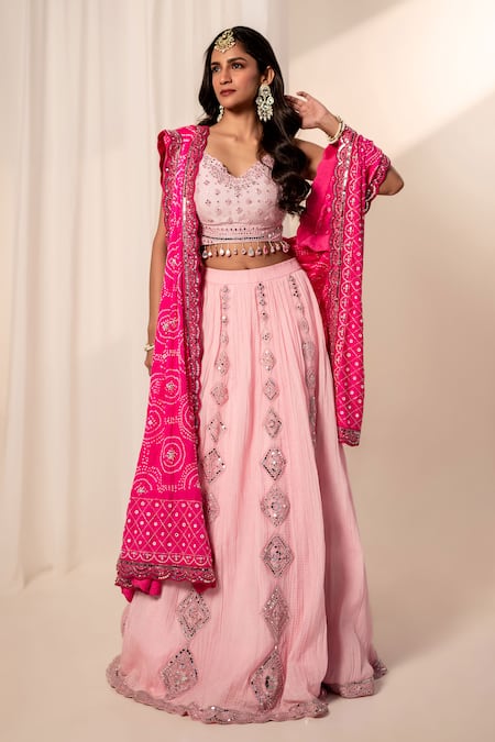 Bandhani_Pink , Organza Tassels, Mirrors Round Neck Embroidered Lehenga Set _Online_at_Aza_Fashions