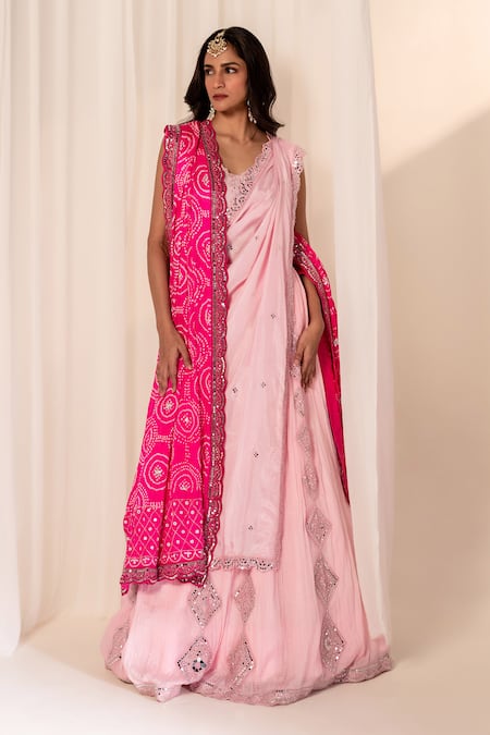 Buy_Bandhani_Pink , Organza Tassels, Mirrors Round Neck Embroidered Lehenga Set _Online_at_Aza_Fashions