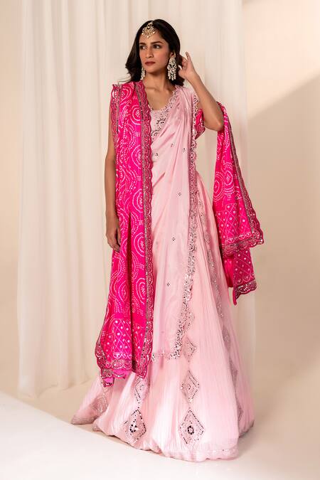 Shop_Bandhani_Pink , Organza Tassels, Mirrors Round Neck Embroidered Lehenga Set _Online_at_Aza_Fashions