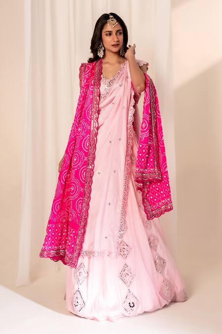 Bandhani_Pink , Organza Tassels, Mirrors Round Neck Embroidered Lehenga Set _at_Aza_Fashions
