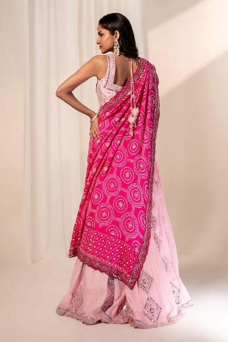 Shop_Bandhani_Pink , Organza Tassels, Mirrors Round Neck Embroidered Lehenga Set _at_Aza_Fashions