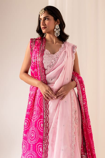Buy_Bandhani_Pink , Organza Tassels, Mirrors Round Neck Embroidered Lehenga Set 