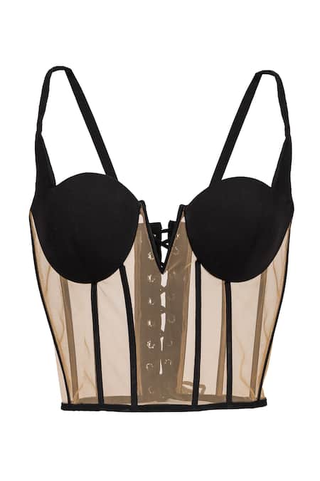 Karn Malhotra_Black Tulle, Polyester Sweetheart Neck Sheer Panelled Corset _Online_at_Aza_Fashions