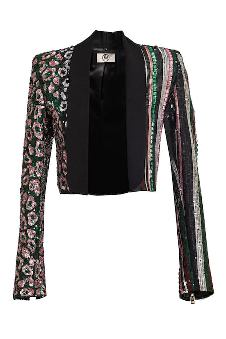 Karn Malhotra Black Georgette, Polyester Sequins Shawl Neck Leopard Striped Cropped Jacket Online at Aza Fashions Karn Malhotra_Black Georgette, Polyester Sequins Shawl Neck Leopard Striped Cropped Jacket _Online_at_Aza_Fashions