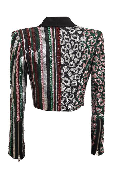 Buy Karn Malhotra Black Georgette, Polyester Sequins Shawl Neck Leopard Striped Cropped Jacket Online at Aza Fashions Buy_Karn Malhotra_Black Georgette, Polyester Sequins Shawl Neck Leopard Striped Cropped Jacket _Online_at_Aza_Fashions