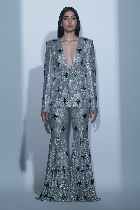 Karn Malhotra Silver Georgette, Polyester, Satin, Viscose Embellished Jacket Sharara Set Online at Aza Fashions Karn Malhotra_Silver Georgette, Polyester, Satin, Viscose Embellished Jacket Sharara Set _Online_at_Aza_Fashions