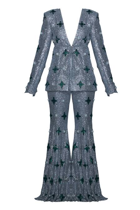 Shop Karn Malhotra Silver Georgette, Polyester, Satin, Viscose Embellished Jacket Sharara Set Online at Aza Fashions Shop_Karn Malhotra_Silver Georgette, Polyester, Satin, Viscose Embellished Jacket Sharara Set _Online_at_Aza_Fashions