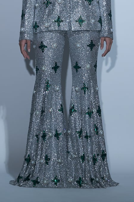 Karn Malhotra Silver Georgette, Polyester, Satin, Viscose Embellished Jacket Sharara Set at Aza Fashions Karn Malhotra_Silver Georgette, Polyester, Satin, Viscose Embellished Jacket Sharara Set _at_Aza_Fashions