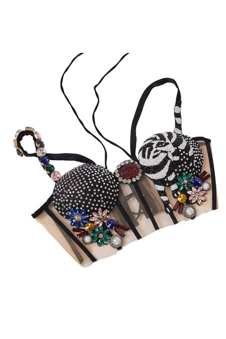 Karn Malhotra_Black Tulle, Polyester Beads, Pearls, Crystals Hand Embellished Corset Bralette _Online_at_Aza_Fashions