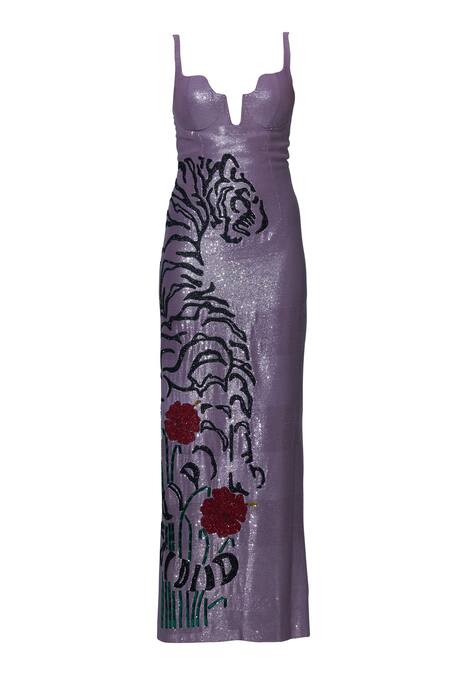 Karn Malhotra_Pink Polyester, Lycra Sequins, Crystals, Tiger Artwork Hand Embellished Gown _Online_at_Aza_Fashions