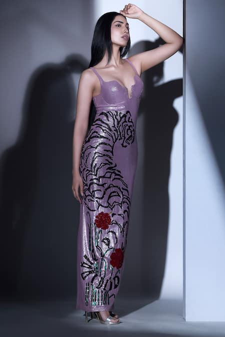 Karn Malhotra Tiger Artwork Hand Embellished Gown 