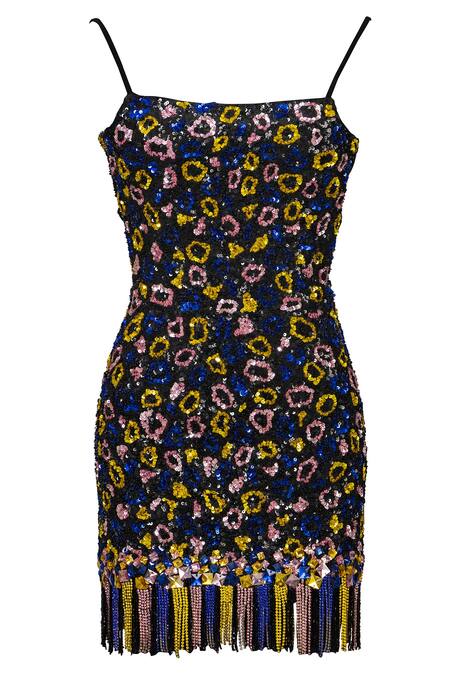 Karn Malhotra_Black Polyester Sequins Square Neck Hand Embellished Leopard Pattern Mini Dress _Online_at_Aza_Fashions