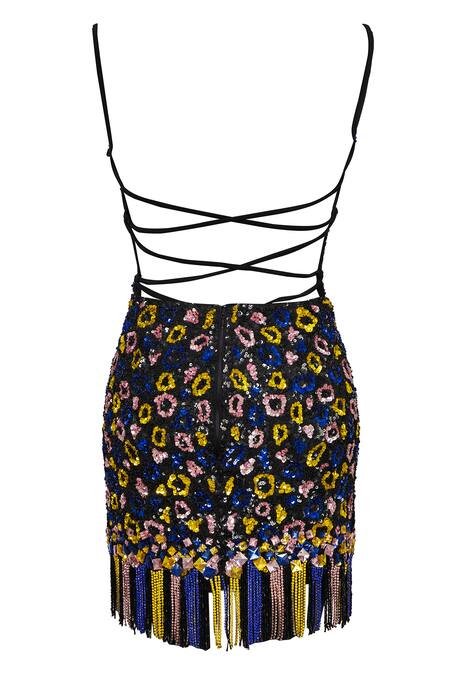 Buy_Karn Malhotra_Black Polyester Sequins Square Neck Hand Embellished Leopard Pattern Mini Dress _Online_at_Aza_Fashions