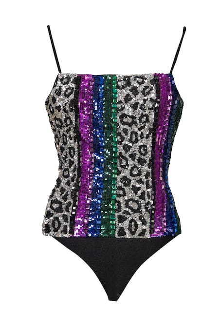 Karn Malhotra Black Sequined Leopard Bodysuit 