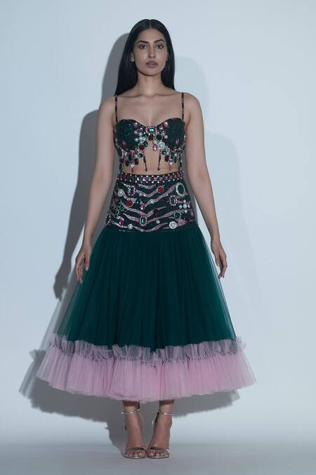 Karn Malhotra_Green Tulle, Polyester Pearls, Embellished Corset Bustier And Tiered Skirt _Online_at_Aza_Fashions