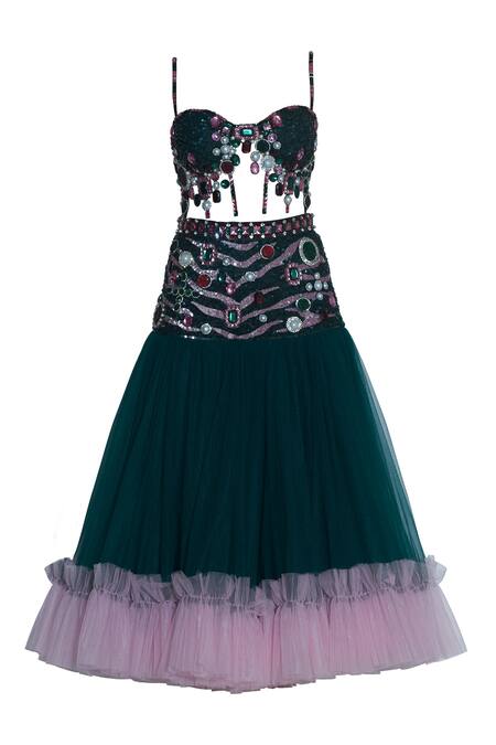 Buy_Karn Malhotra_Green Tulle, Polyester Pearls, Embellished Corset Bustier And Tiered Skirt _Online_at_Aza_Fashions