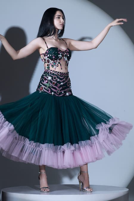 Karn Malhotra Embellished Corset Bustier & Tiered Skirt 