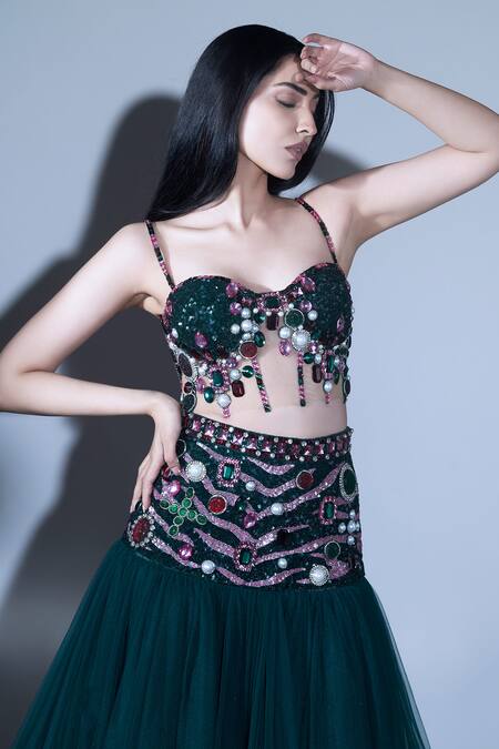 Shop_Karn Malhotra_Green Tulle, Polyester Pearls, Embellished Corset Bustier And Tiered Skirt _Online_at_Aza_Fashions